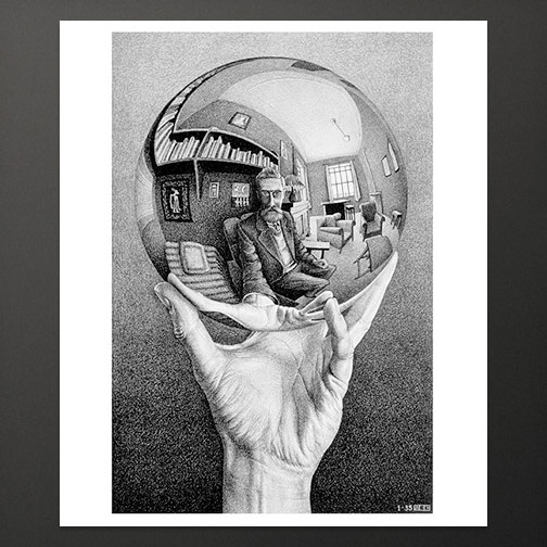 ESCHER Hand with Sphere 12" x 9.5" Poster 1988 Surrealism Black & White M.C 