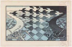 Day and Night. February 1938, Woodcut, blue variant.